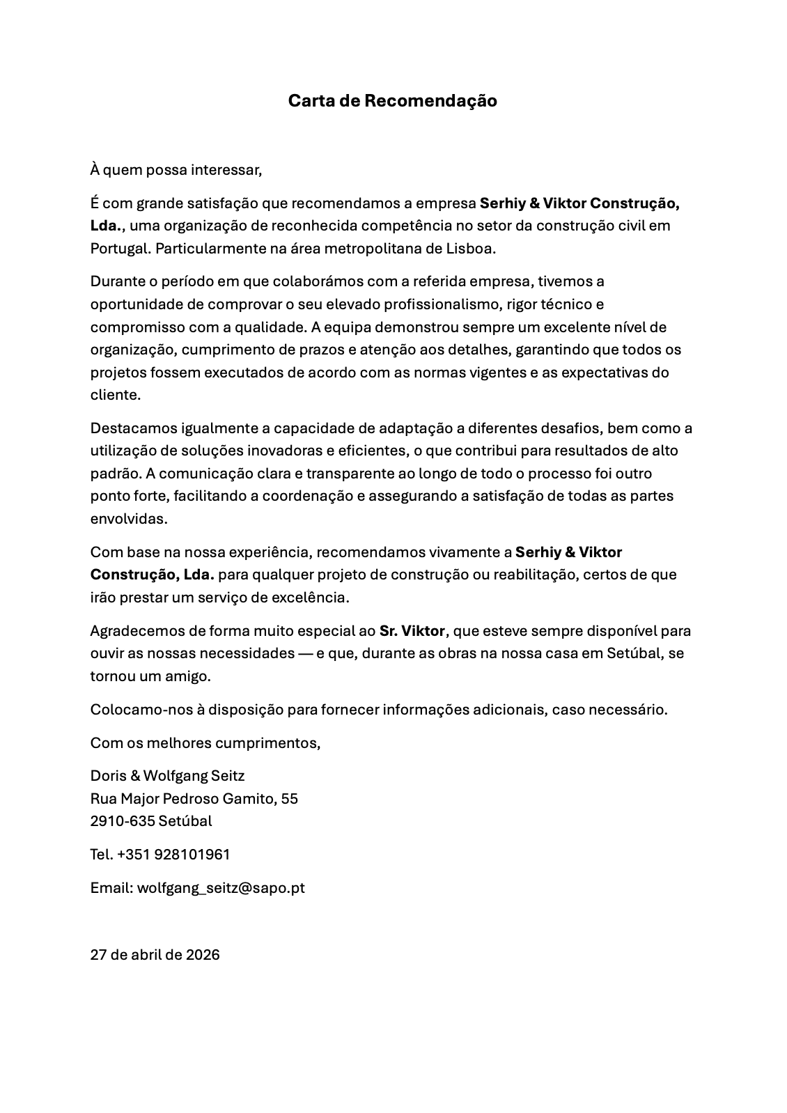 Recommendation letter from Doris & Wolfgang Seitz