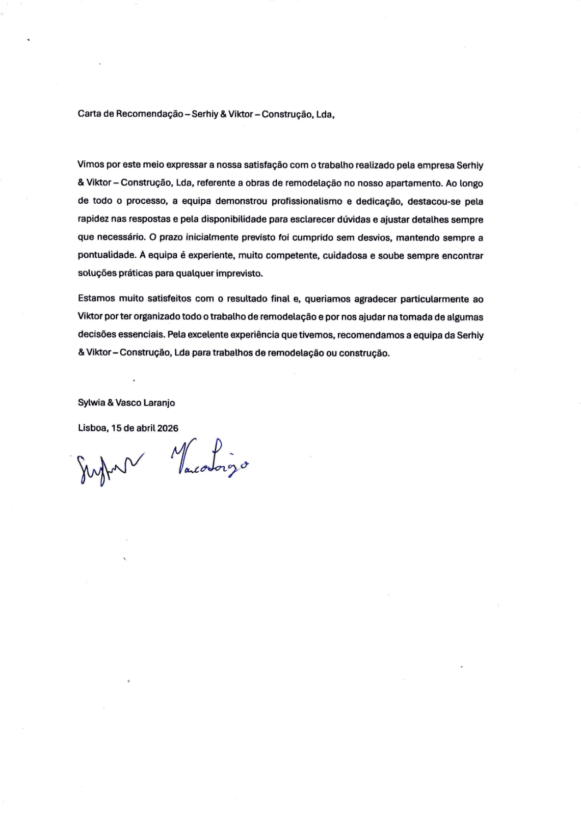 Recommendation letter from Sylwia & Vasco Laranjo
