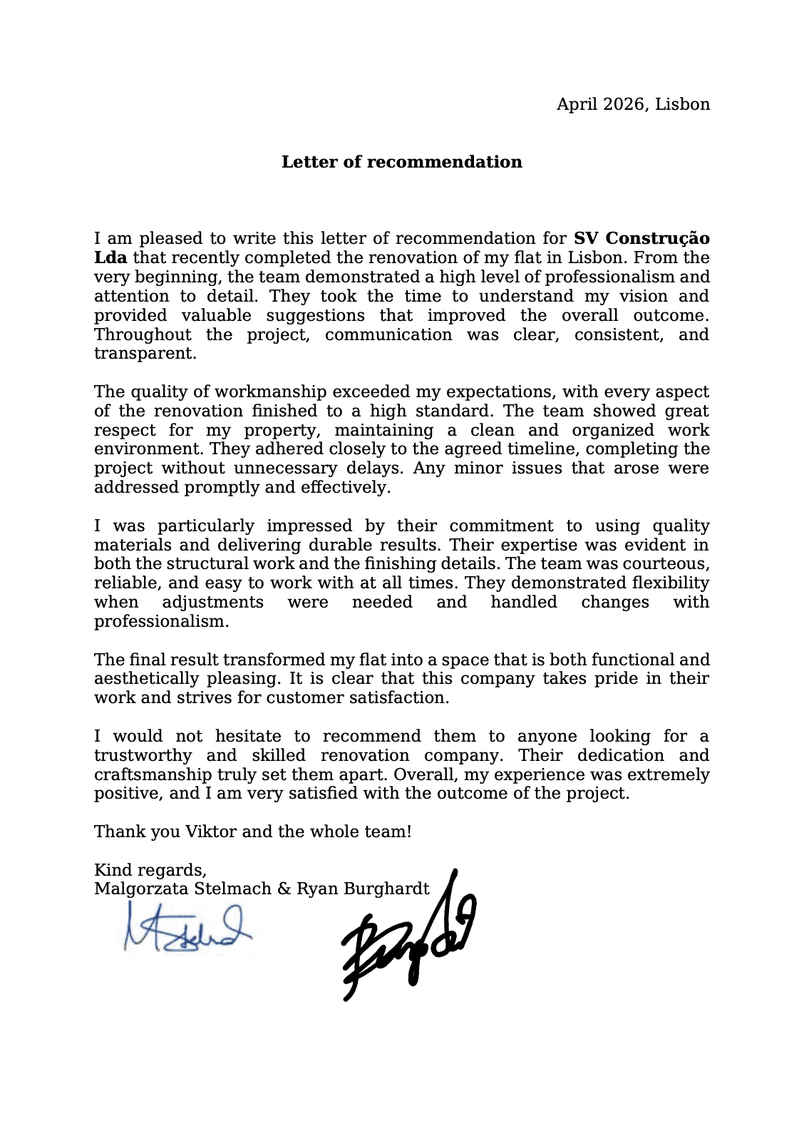 Recommendation letter from Malgorzata Stelmach & Ryan Burghardt