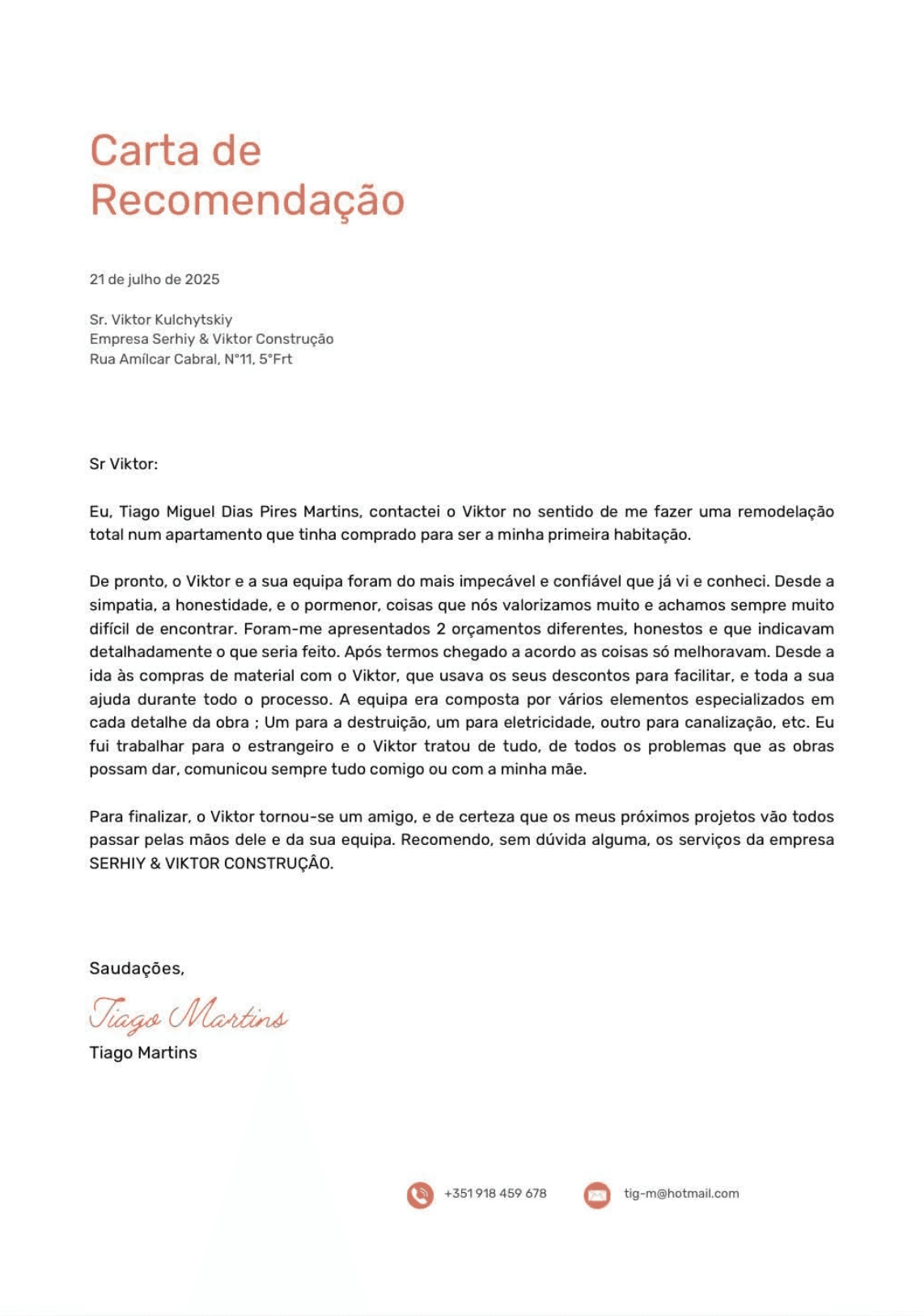 Recommendation letter from Tiago Martins