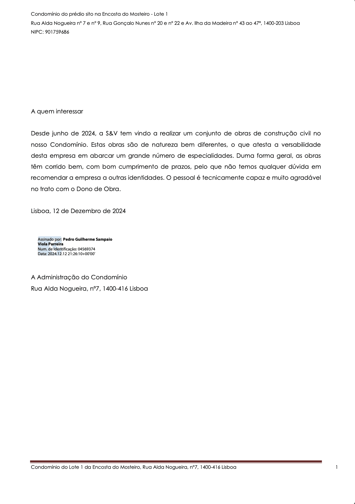 Recommendation letter from Administração do Condomínio