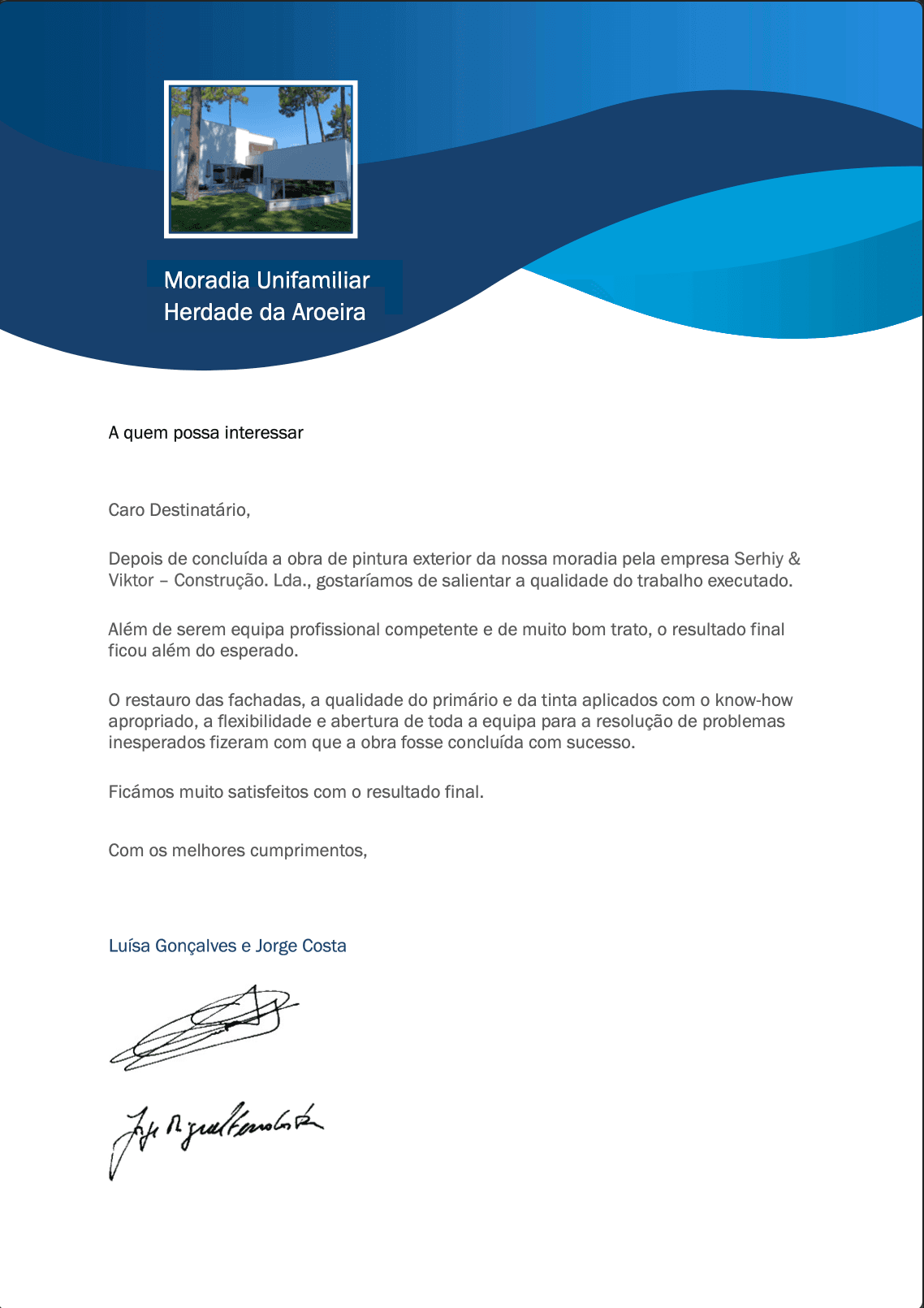 Recommendation letter from Luísa Gonçalves e Jorge Costa