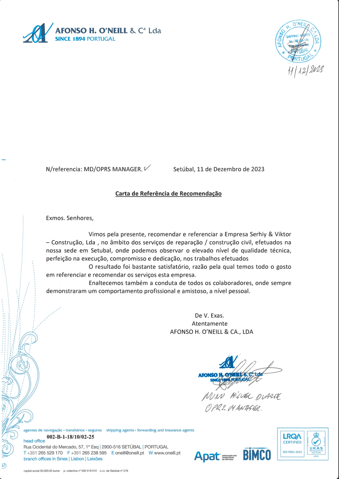 Recommendation letter from AFONSO H. O'NEILL & CA., LDA
